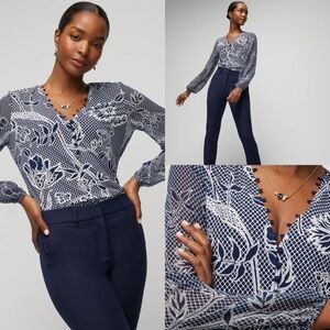 WHBM Navy Officer Blue and White Floral Blouse NWT XXS 00